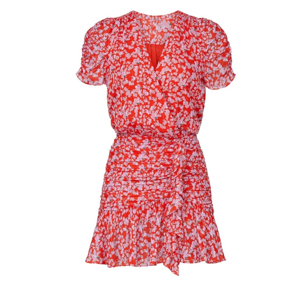 Tanya Taylor Red Floral Mini Wrap Dress Size 4 Silk Chiffon Ruched Designer $500 - Picture 4 of 13
